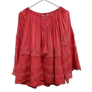 Patrizia Luca Womens Blouse Top Medium Pink Crochet BOHO Peasant Flare Sleeve